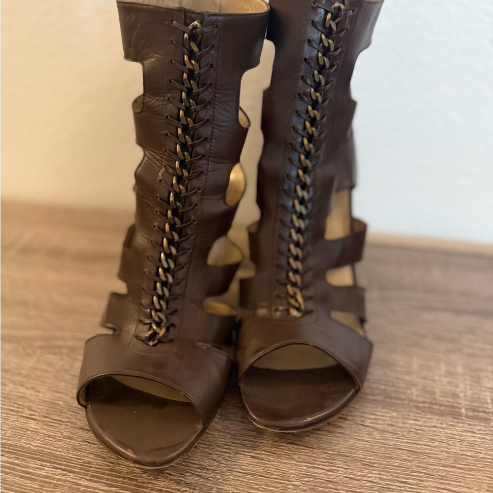 Stuart Weitzman Brown Gladiator Cutout Heels
